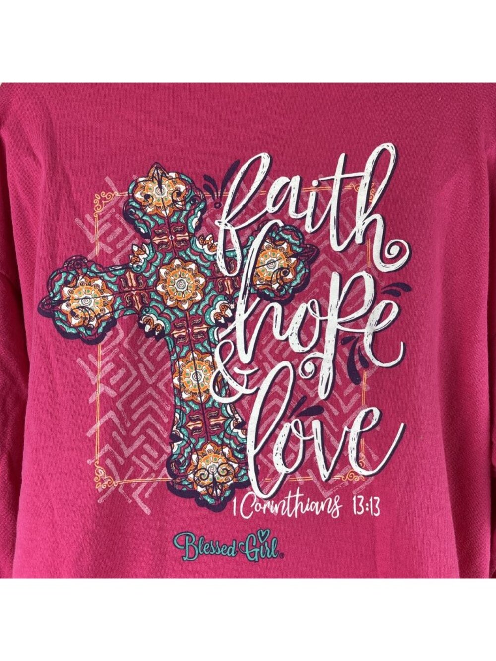 Blessed Girl Shirt Womens XL Long Sleeve Faith Hope Love Hot Pink Graphic Tee